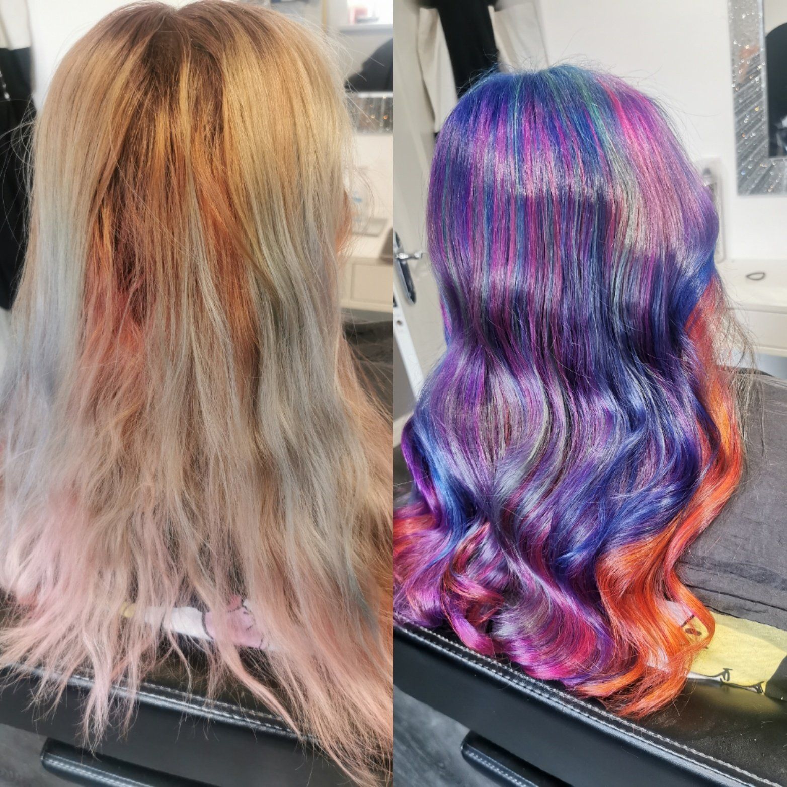 A before and after photo of a woman 's hair