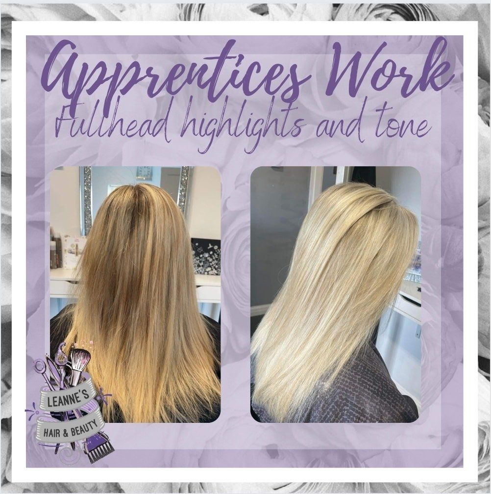 A before and after photo of a woman 's hair with the words apprentices work fullhead highlights and tone