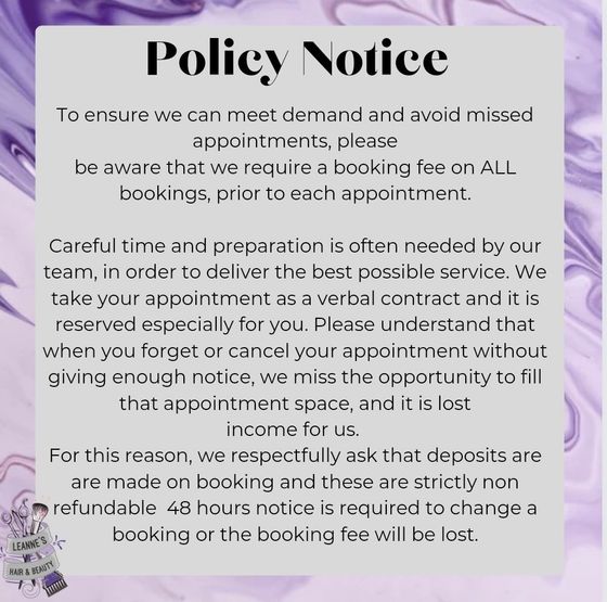A purple and white poster with a policy notice on it