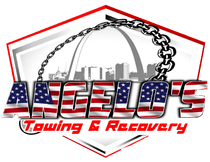 Angelo's Towing & Recovery logo with the St. Louis Arch, chain, American flag lettering, and red/black accents.