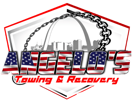 Angelo's Towing & Recovery logo with the St. Louis Arch, chain, American flag lettering, and red/black accents.