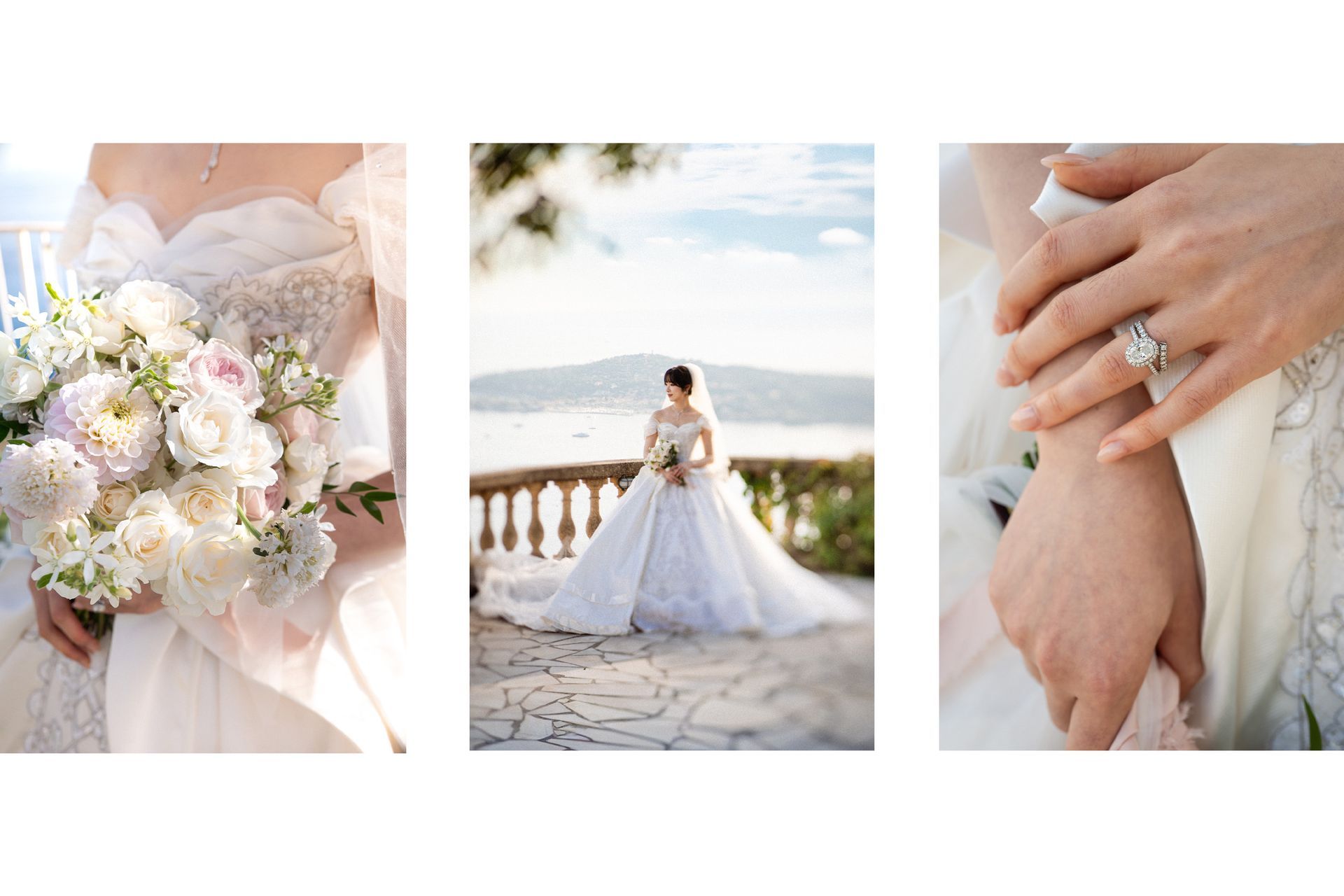 A photo montage of a bride at a luxury wedding at the Chevre d'Or Hotel in Eze, South of France