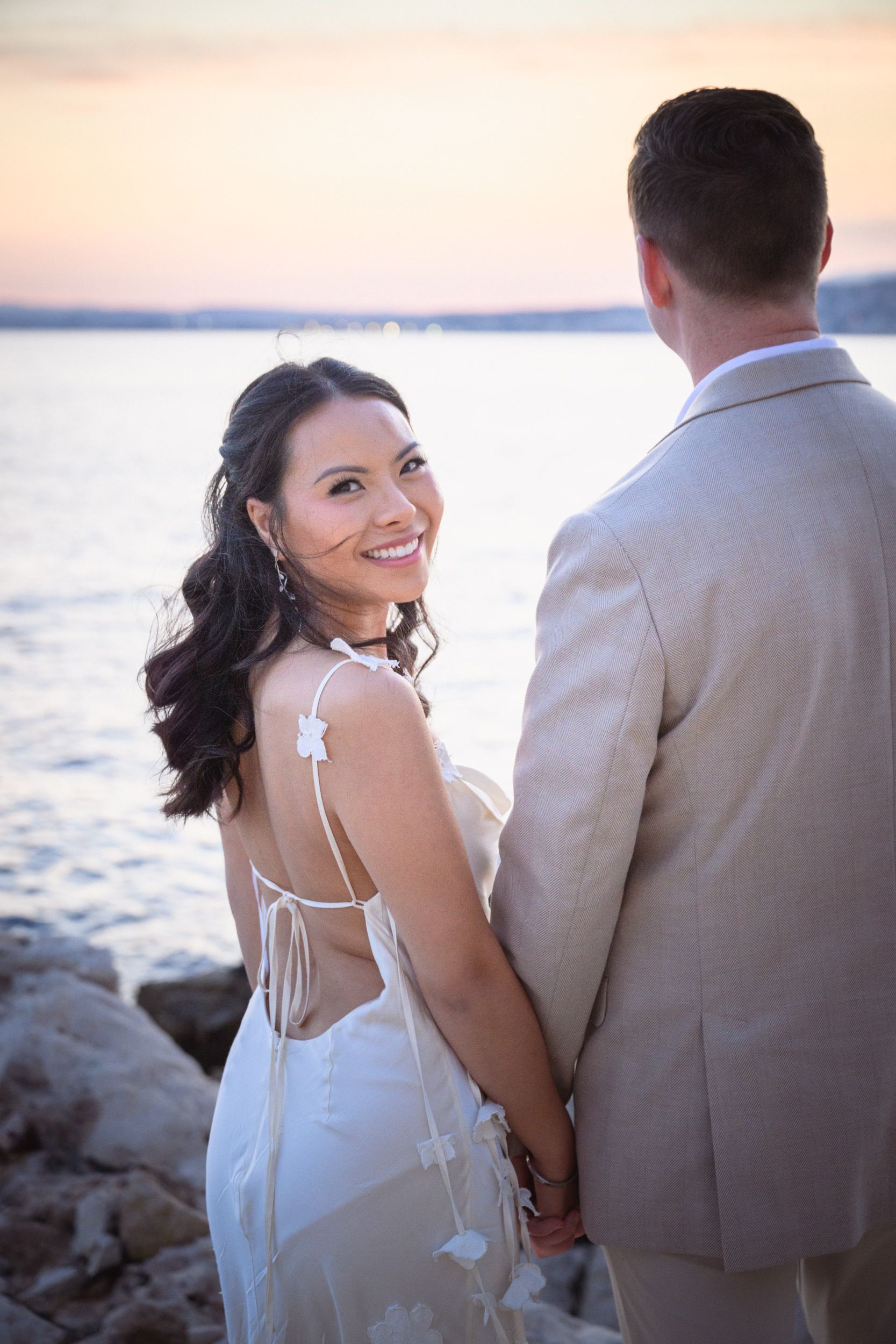 A lady smiles during an elopement photoshoot in Nice, France.