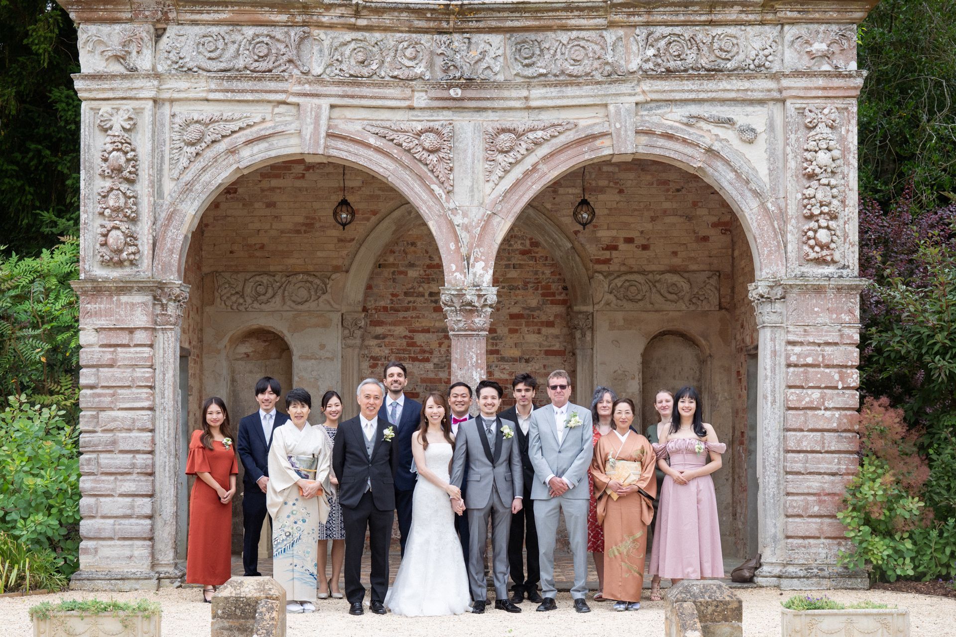A group family wedding photo at Ettington Park wedding venue