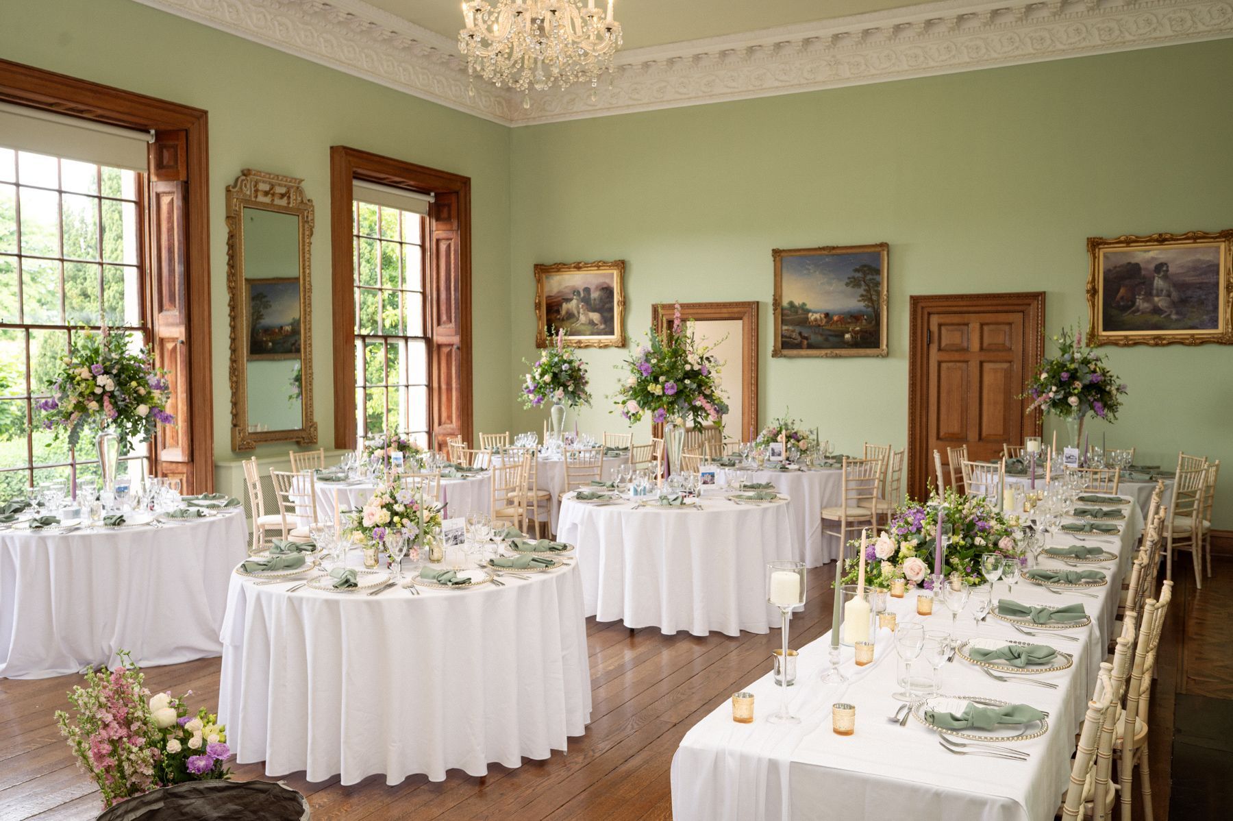 Kelmarsh Hall's dining area decorated before a wedding.