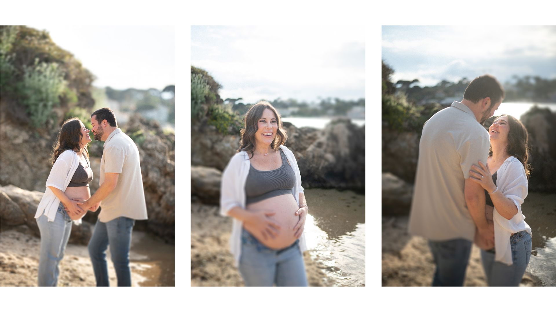 A couple smile during a natural, spontaneous, maternity photography session on the French Riviera.