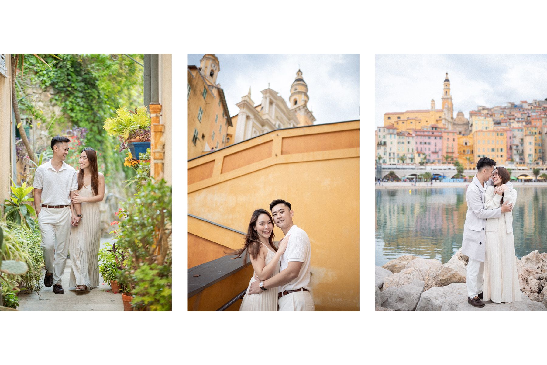 A montage of perfect romantic couple photographs in Menton, France.