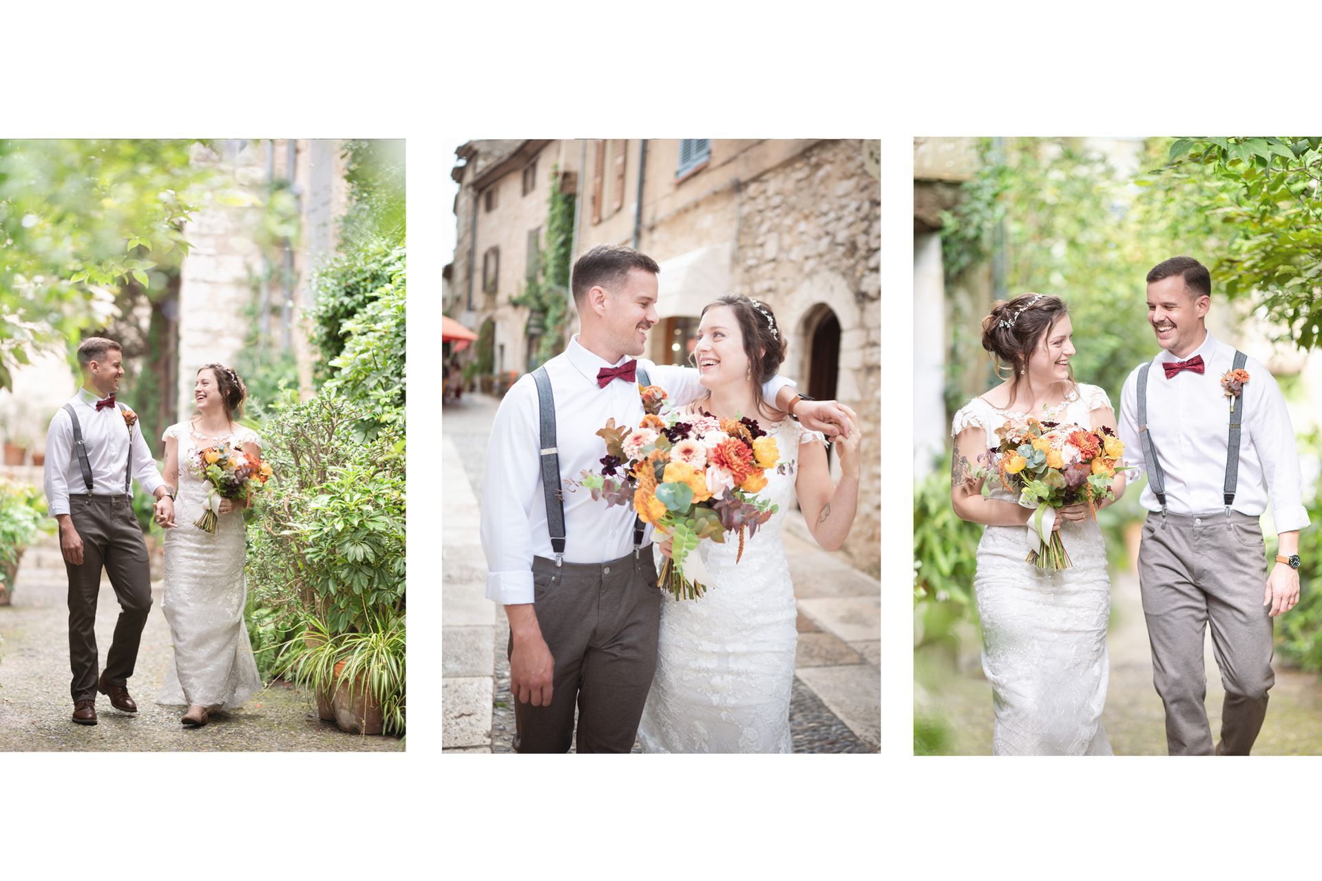 Candid, romantic wedding photography: a bride and groom stroll in St Paul de Vence on their wedding day.