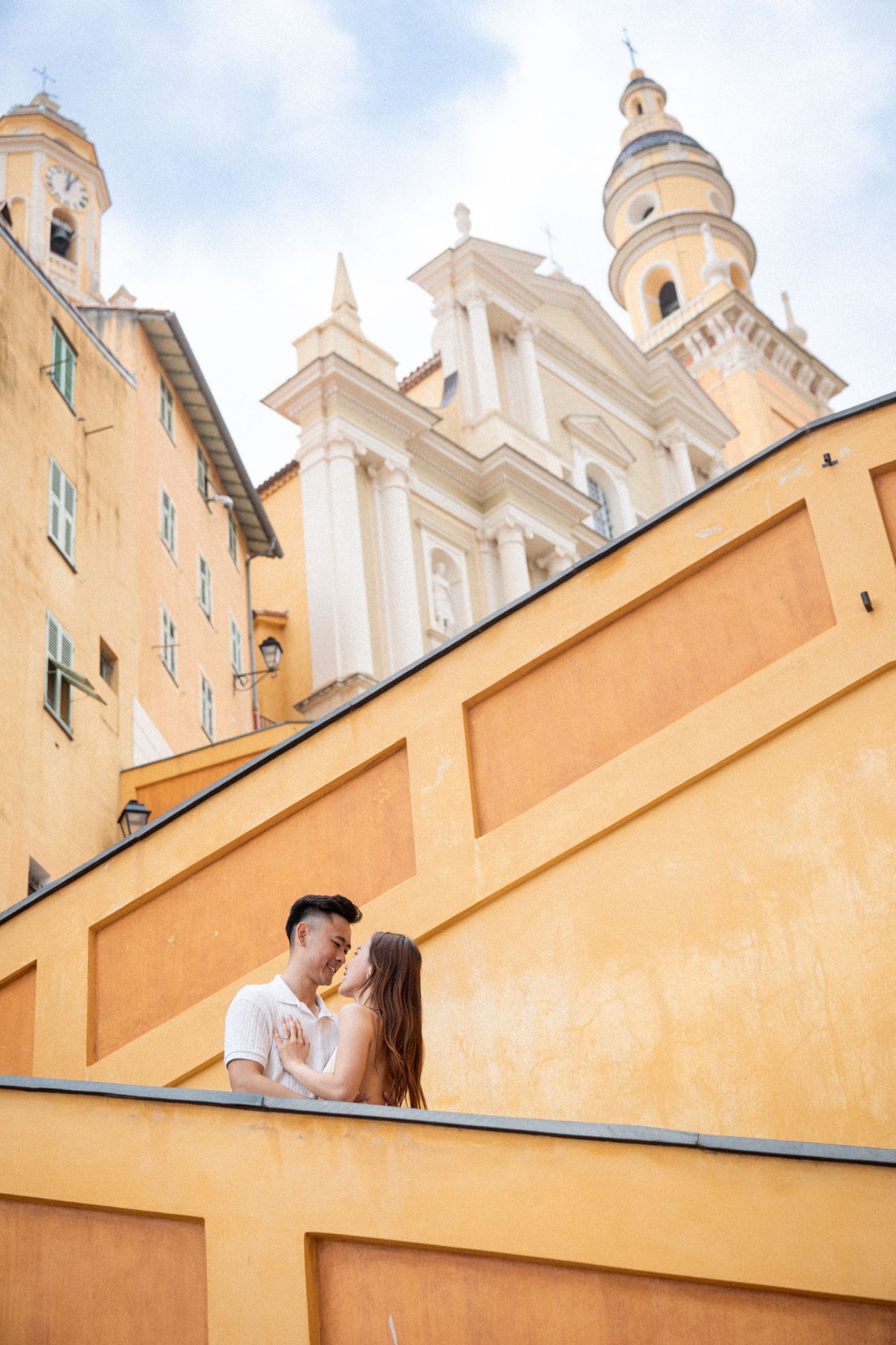 The yellow stairs in Menton featured in a engagement photoshoot.