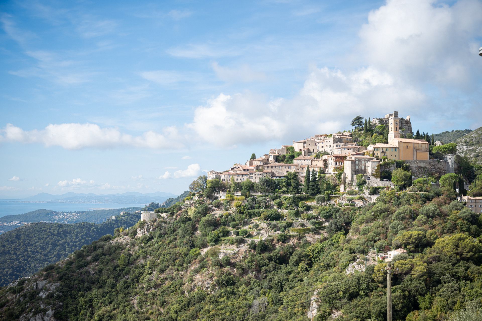 A wide angle image of Eze village on the French Riviera with the Chevre d'Or Hotel visible