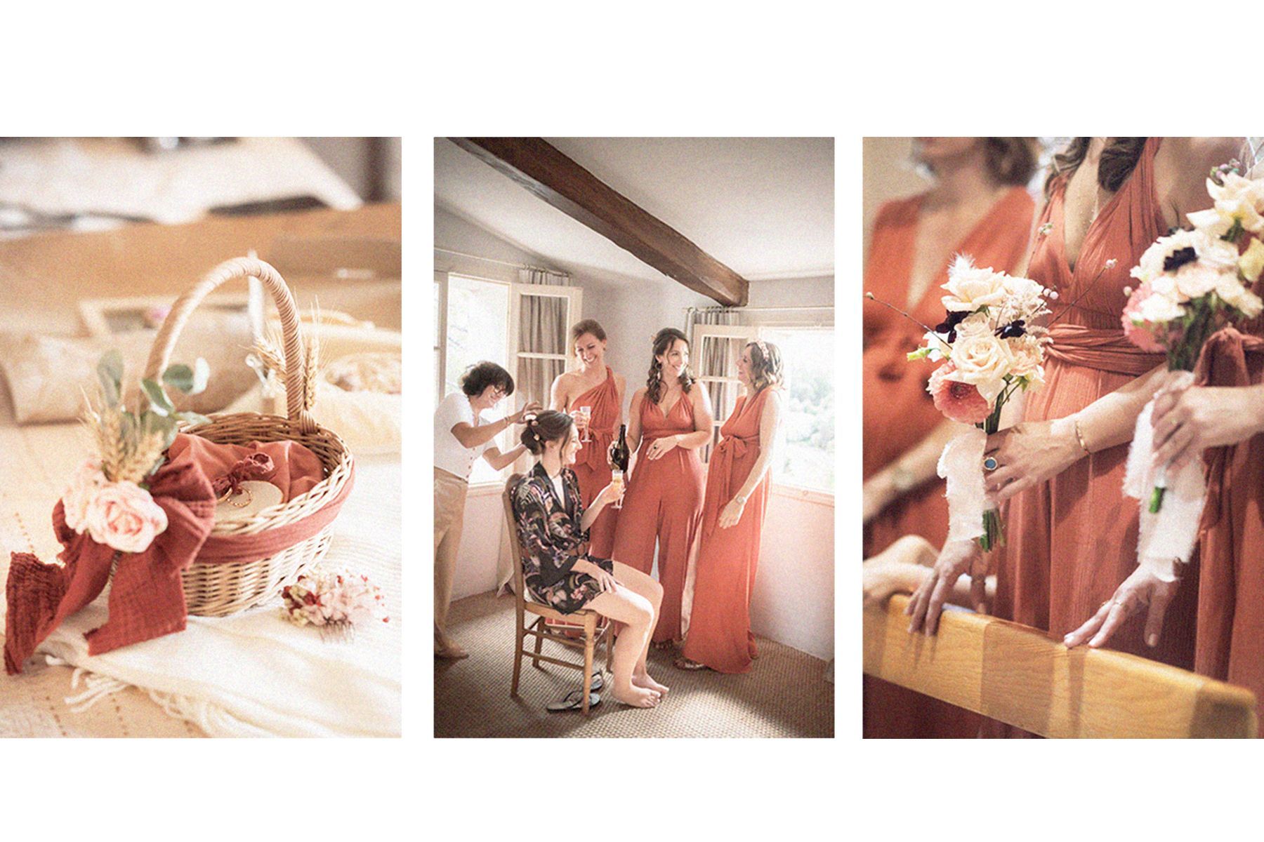 préparatifs avant un mariage dans le var avec des robes de demoiselles d'honneur rouges