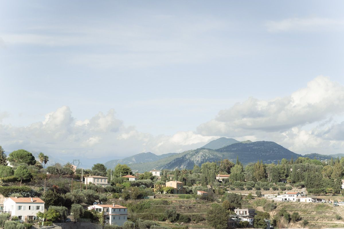 view from Chateau Cremat roof terrace over the alps mountian range