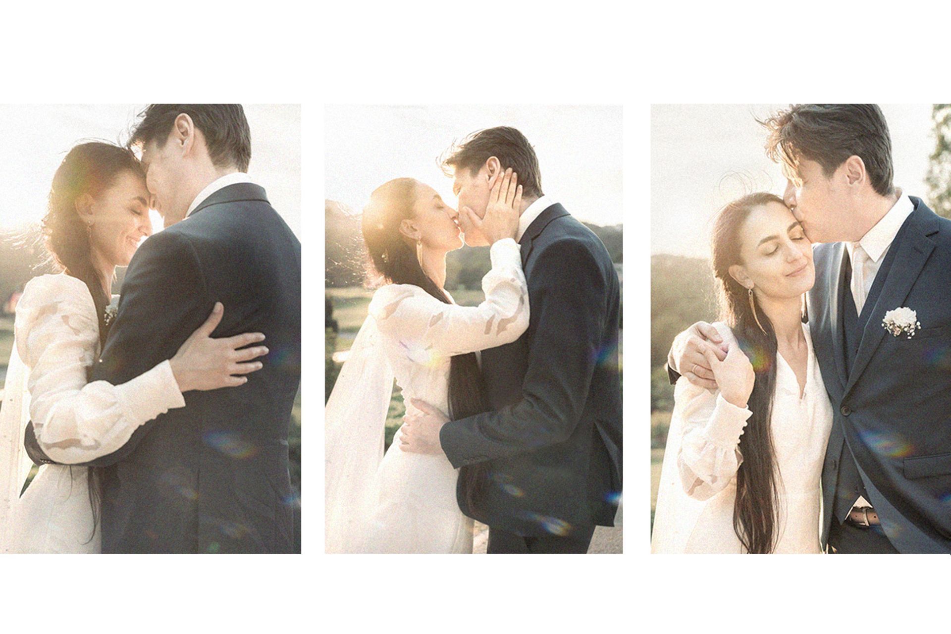 A couple laugh and smile after their wedding in the south of France