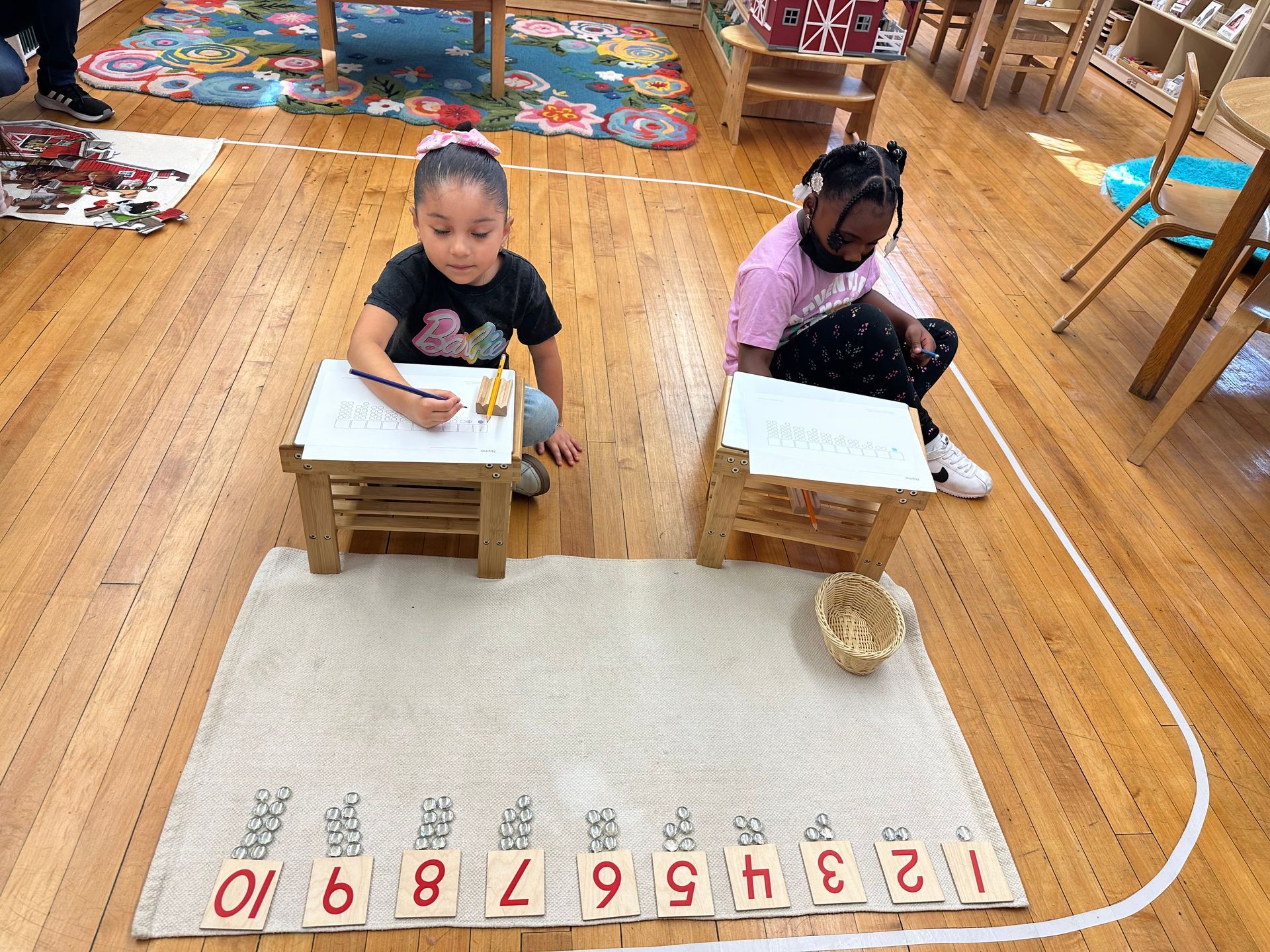 Montessori students by chicken coop
