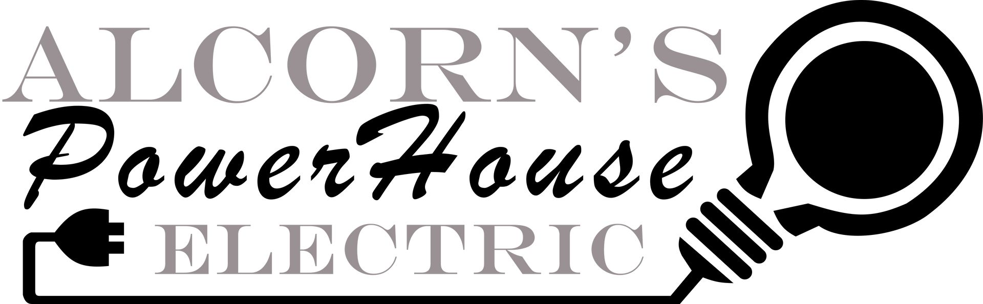 Alcorn’s PowerHouse Electric logo with black text and a light bulb and plug icon on white background