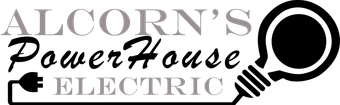 Alcorn’s PowerHouse Electric logo with black text and a light bulb and plug icon on white background