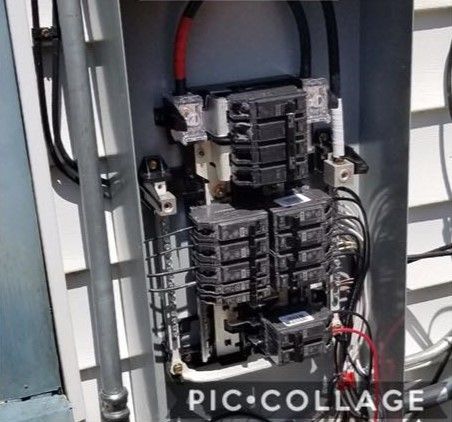 Open electrical breaker panel with wiring and circuit breakers.