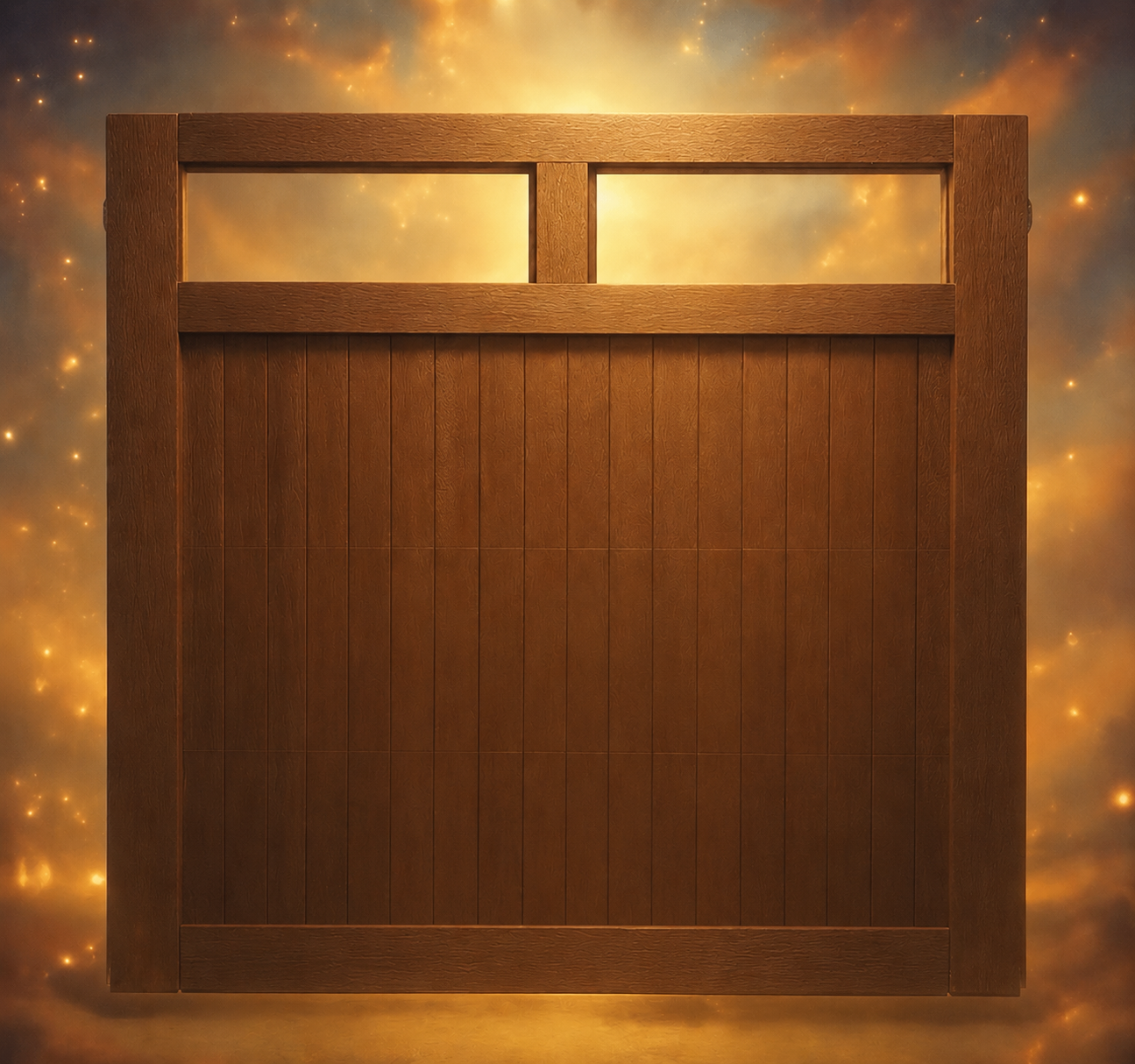 Wooden wall panel with two rectangular windows, glowing against a warm golden background.