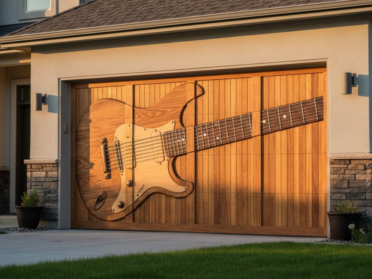 Garage door painted with a large electric guitar mural on a wooden panel, viewed from the driveway