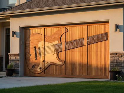 Garage door painted with a guitar mural on a modern house exterior