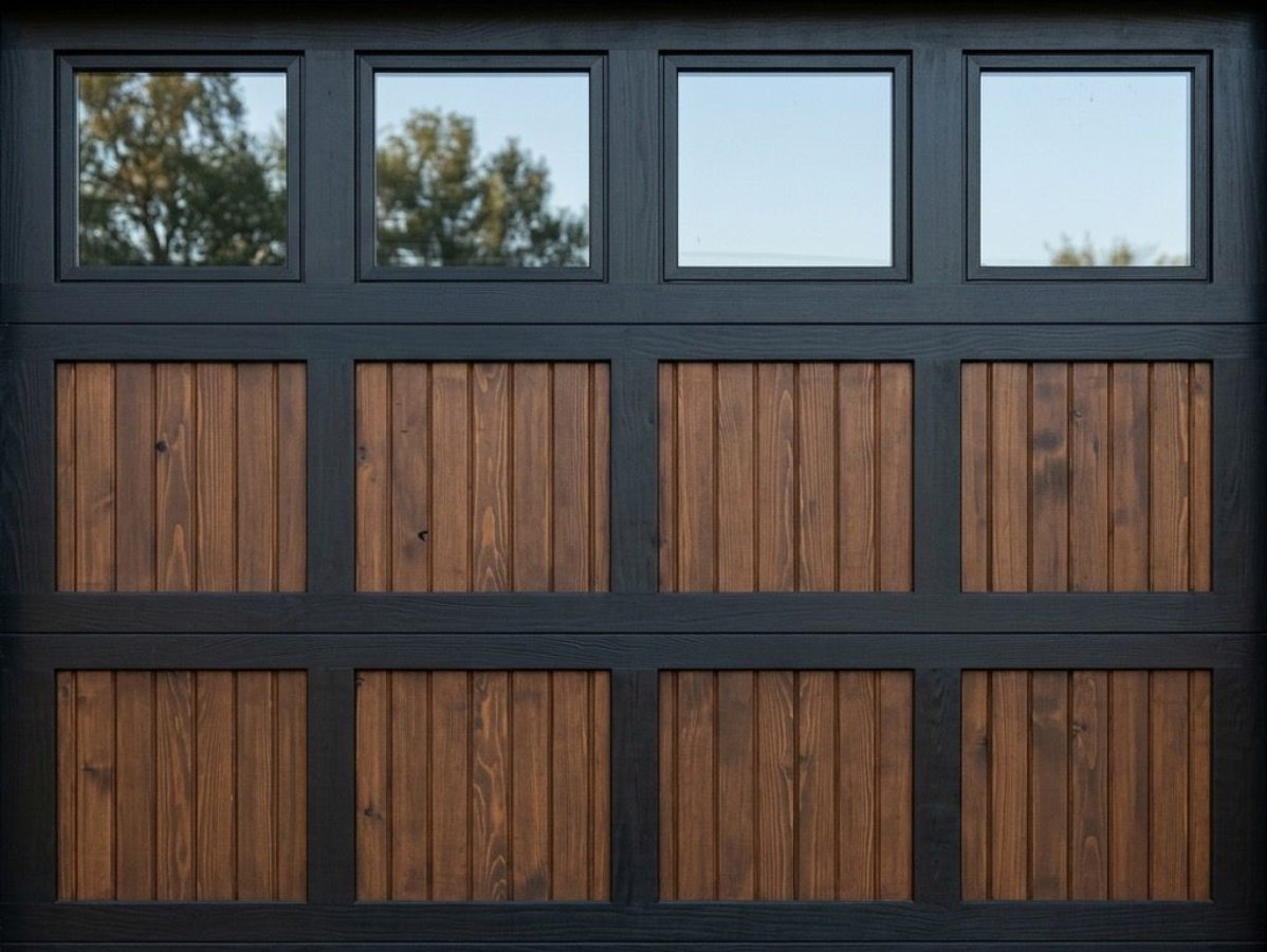 Modern garage door with four windows and wooden panel sections
