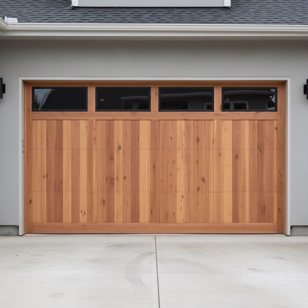 Wooden garage door with narrow windows beneath a gray roofline and concrete driveway