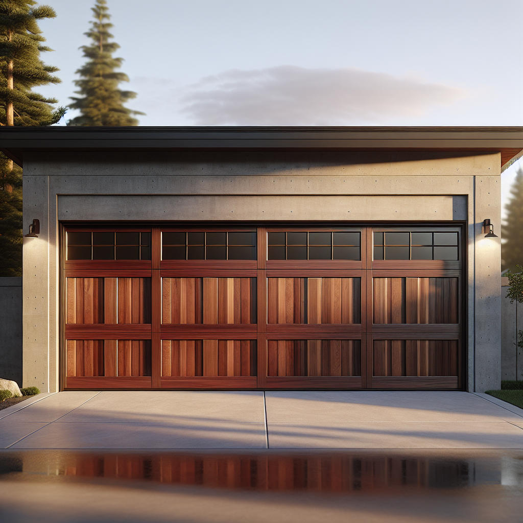 Modern wooden garage door on a contemporary concrete house at sunset, with trees and a driveway reflection.