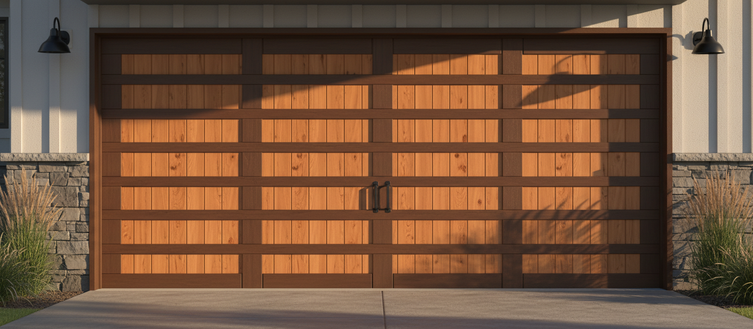 Wooden garage door with horizontal slats lit by warm sunlight, set in a driveway