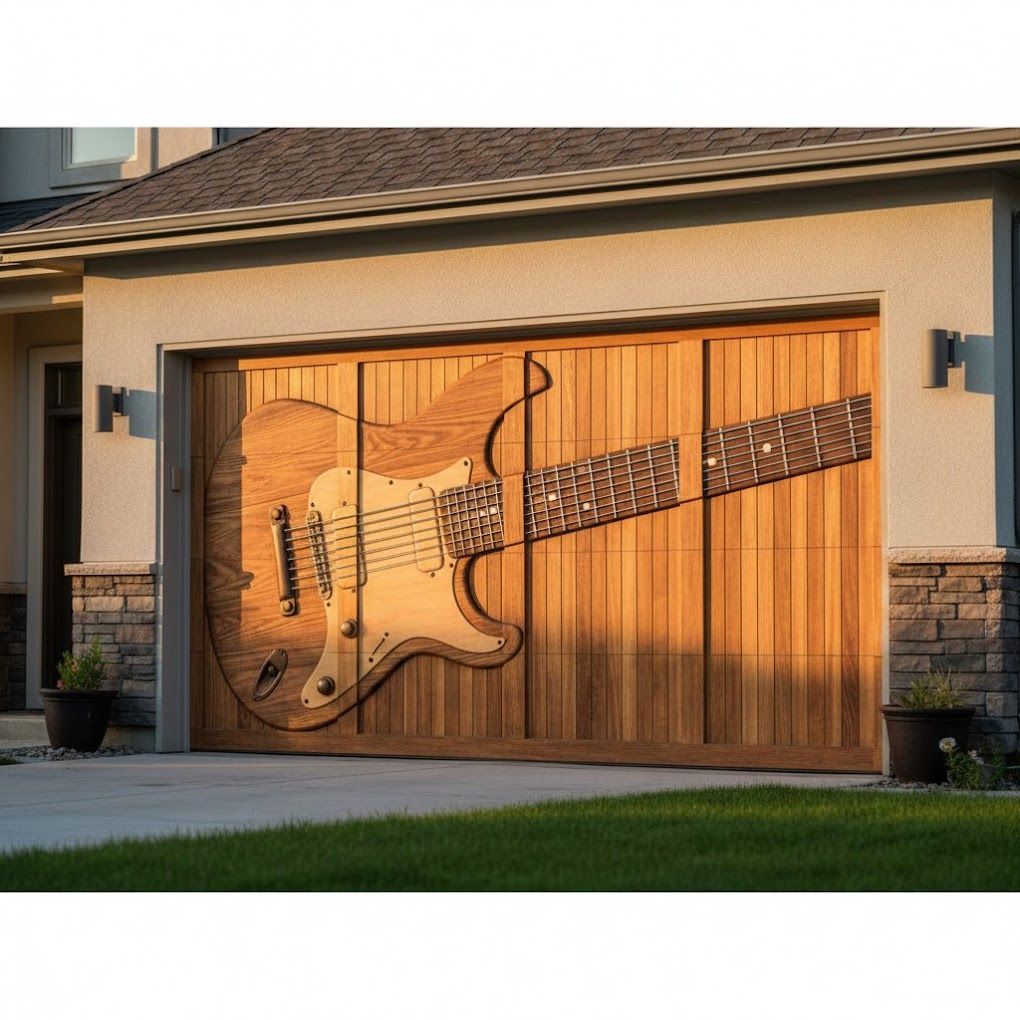 Garage door mural of a large electric guitar in warm wood tones on a suburban house