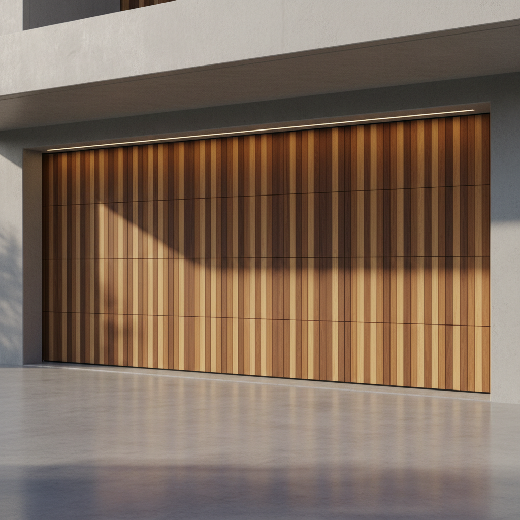 Modern building entrance with tall wooden slatted doors and a reflective concrete forecourt