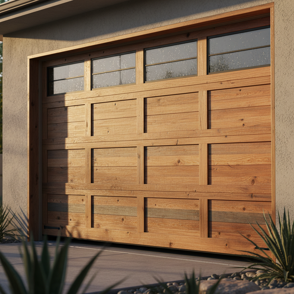 Modern wooden garage door with rectangular panels and windows in a stucco driveway entrance