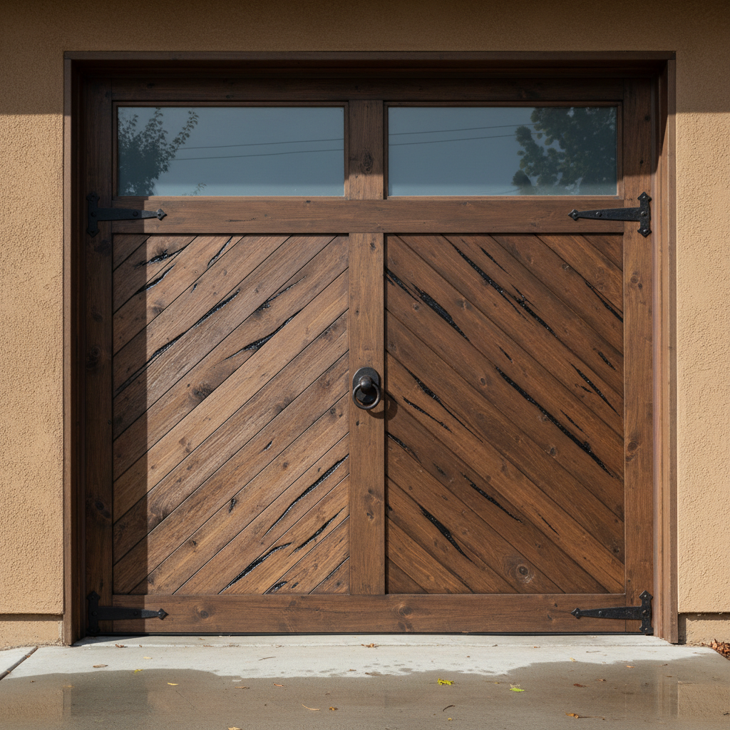 Wooden double front doors with diagonal planks and small верхние windows in a stucco wall
