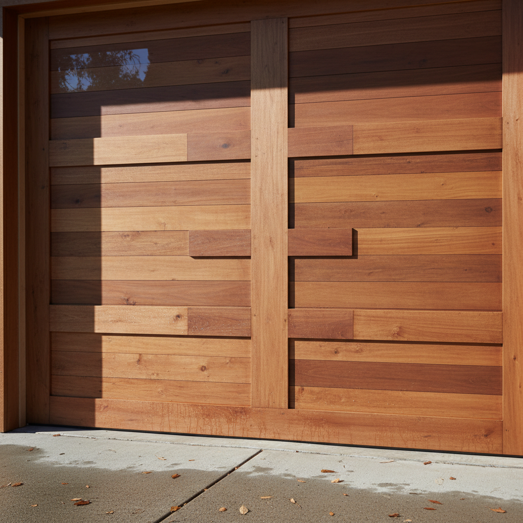 Modern wooden garage door with horizontal slats and a central vertical seam in sunlight