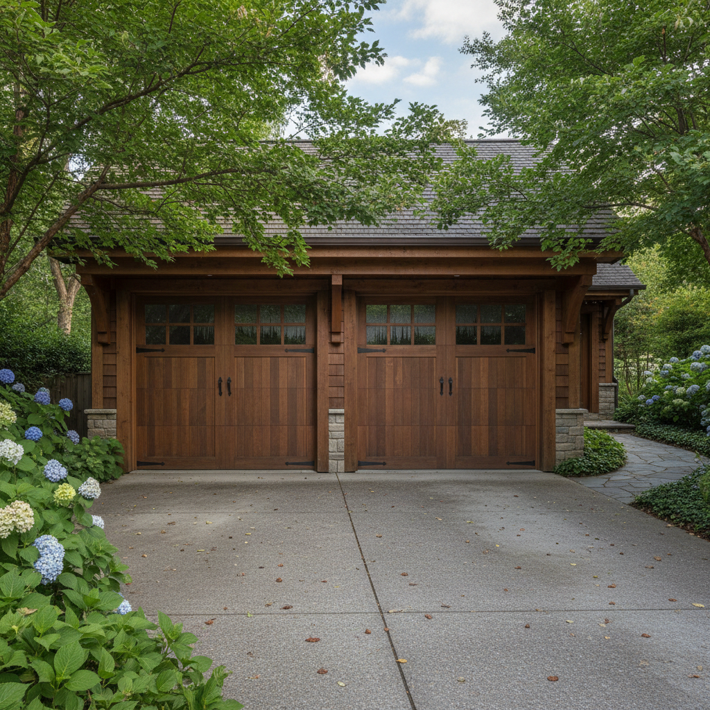 Wooden three-car garage with a concrete driveway, framed by trees and green shrubs.