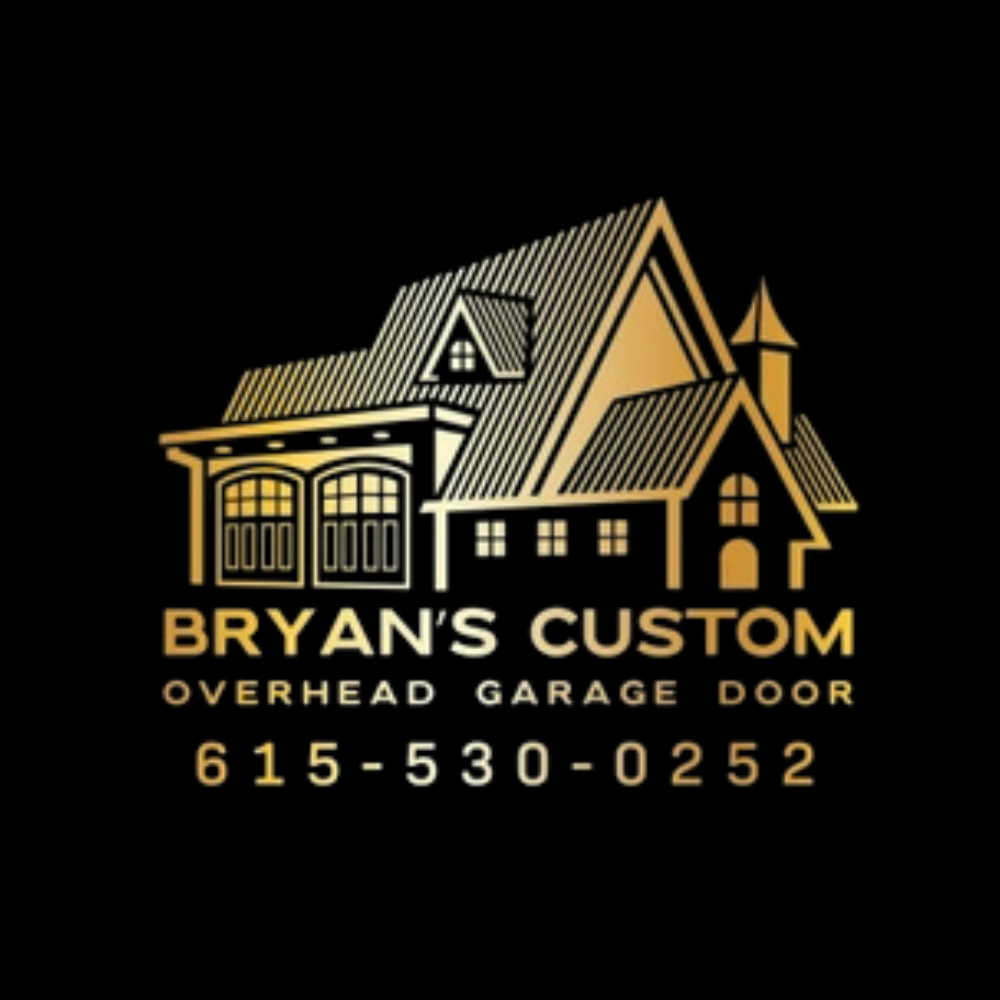 Bryans Custom Overhead Garage Door logo with house graphic and phone number 615-530-0252 on black background