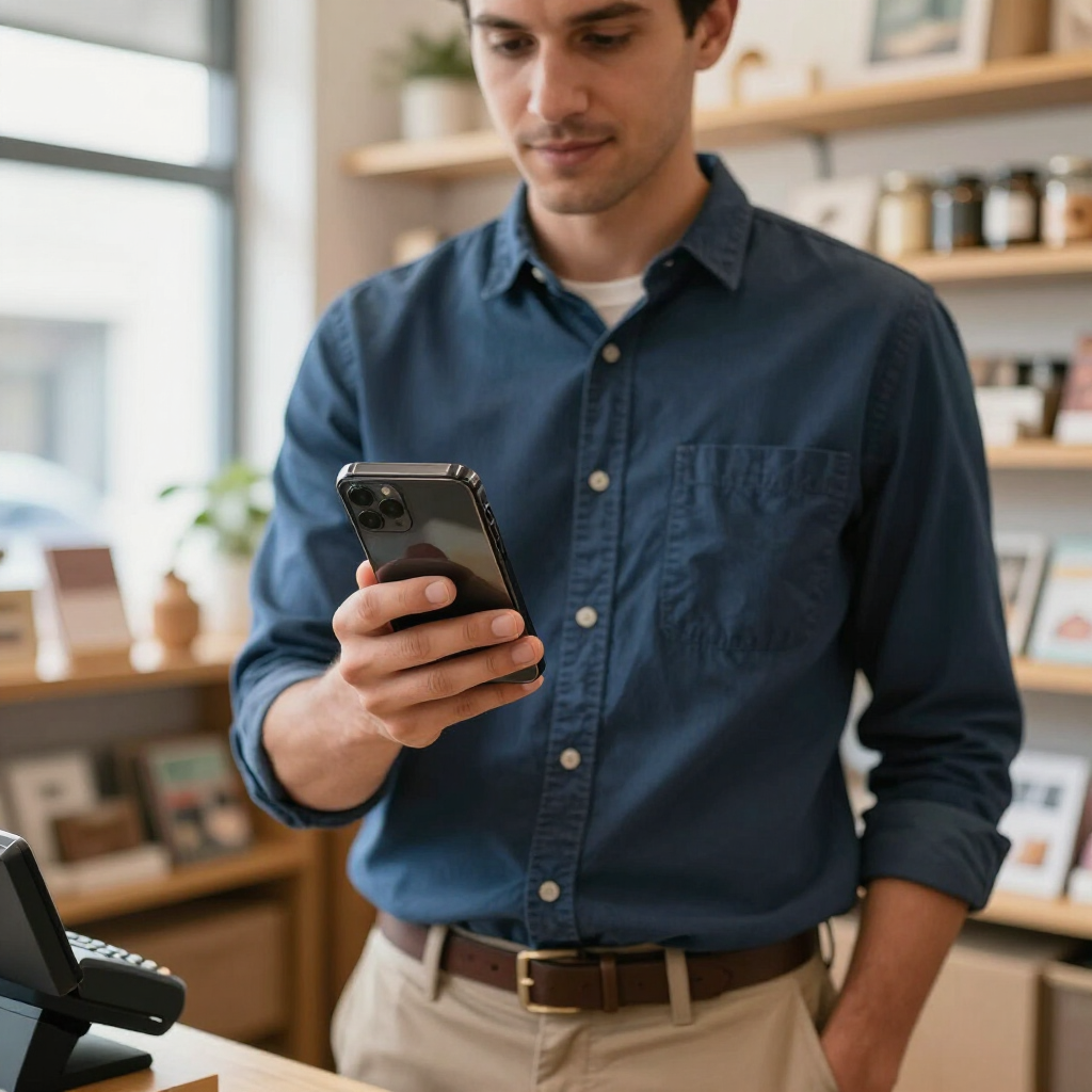 Hombre con camisa azul revisando un teléfono inteligente en una tienda minorista luminosa