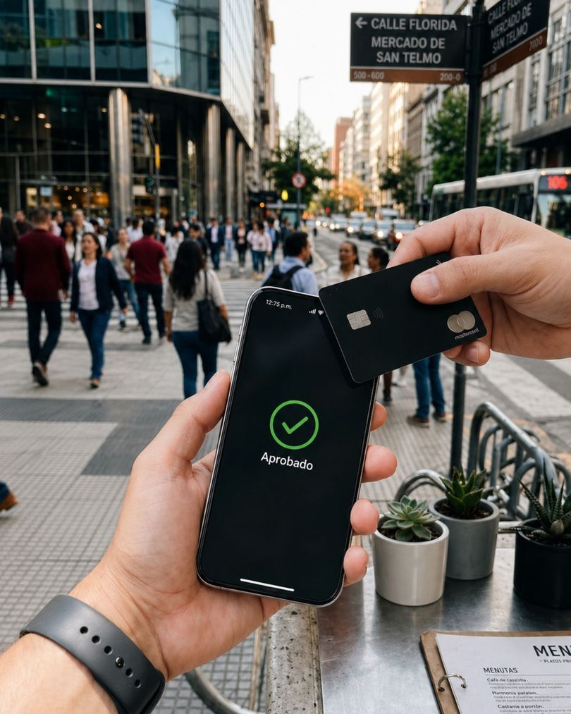 uso de celular como datafono persona recibiendo un pago en mytapp con una tarjeta credito en una concurrida calle de la ciudad, con una pantalla de pago digital visible.