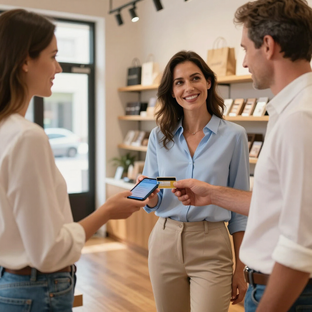 Tres personas en una tienda comparan un teléfono inteligente y una tarjeta de crédito, sonriendo al mostrador.