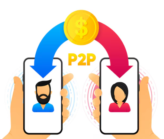 Transferencia de dinero P2P entre dos teléfonos inteligentes con flechas azules y rojas y un icono de moneda arriba.