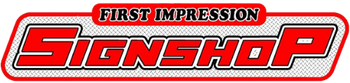 red and white first impression signshop logo | local sign companies near me