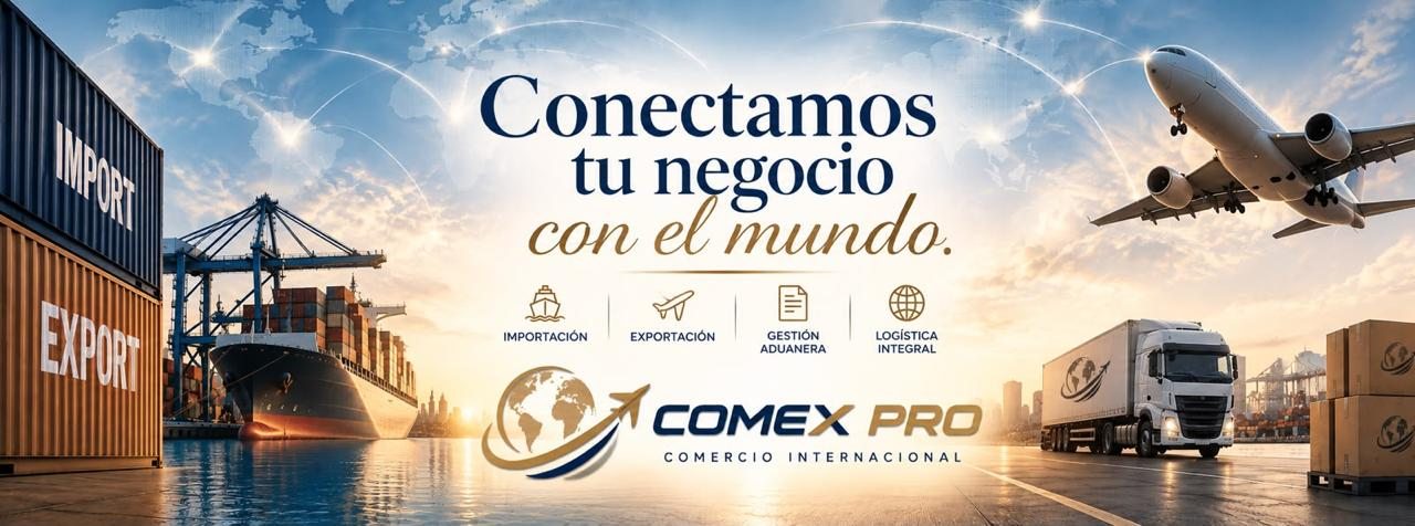 Banner de logística de Comex Pro con un barco, un avión, contenedores de carga y el texto Conectamos tu negocio con el mundo