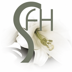 Gray FH logo over a white flower background