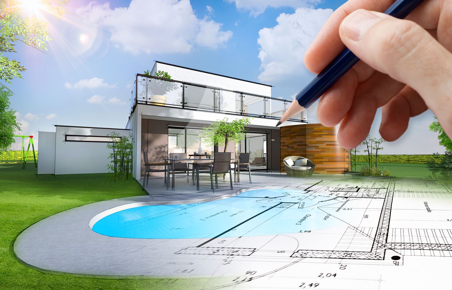 House With a Pool on a Blueprint
