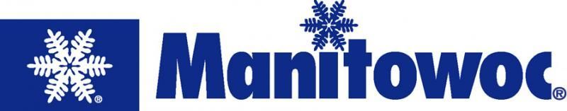 A blue and white logo for manitowac with snowflakes