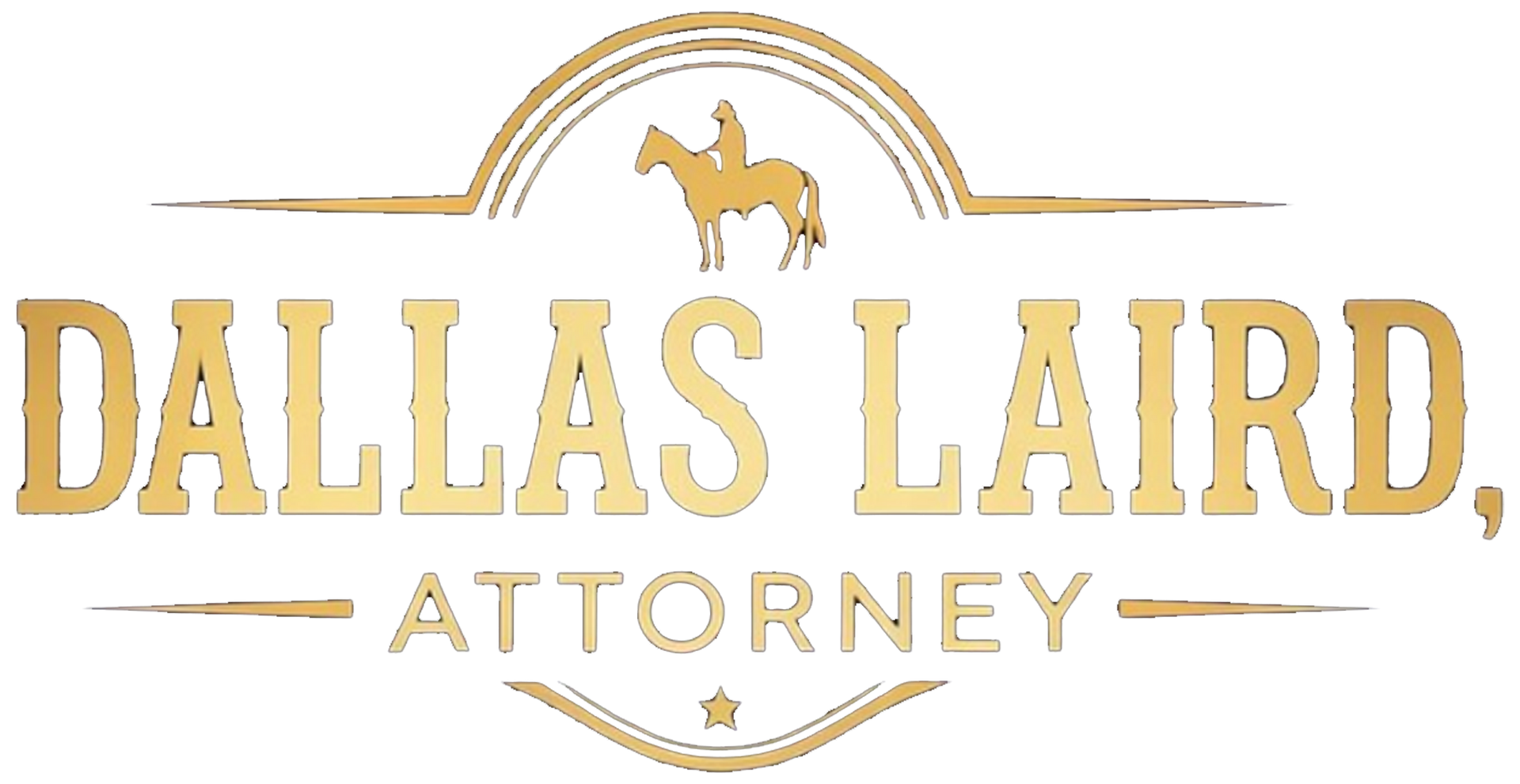 Gold logo for Dallas Laird, Attorney, featuring a silhouette of a person on a horse inside an arched frame.