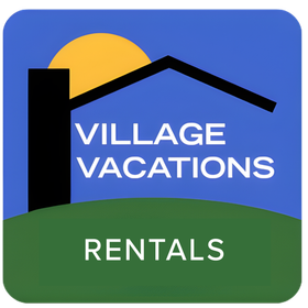 Village Vacations logo of roof silhouette with sun behind on a blue background