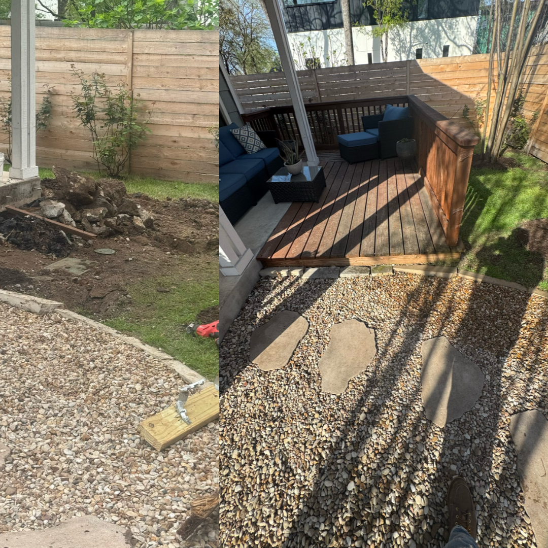 A side-by-side comparison of a backyard renovation, showing a dirt-covered yard transitioning into a completed wood deck.