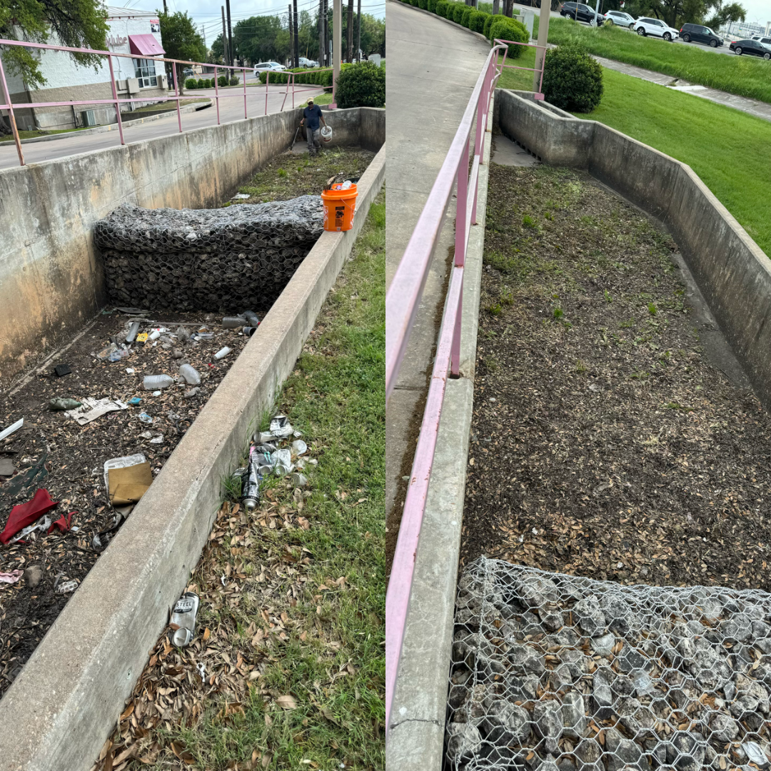 A split-screen view shows a concrete drainage ditch filled with trash, followed by the same area after being cleaned.