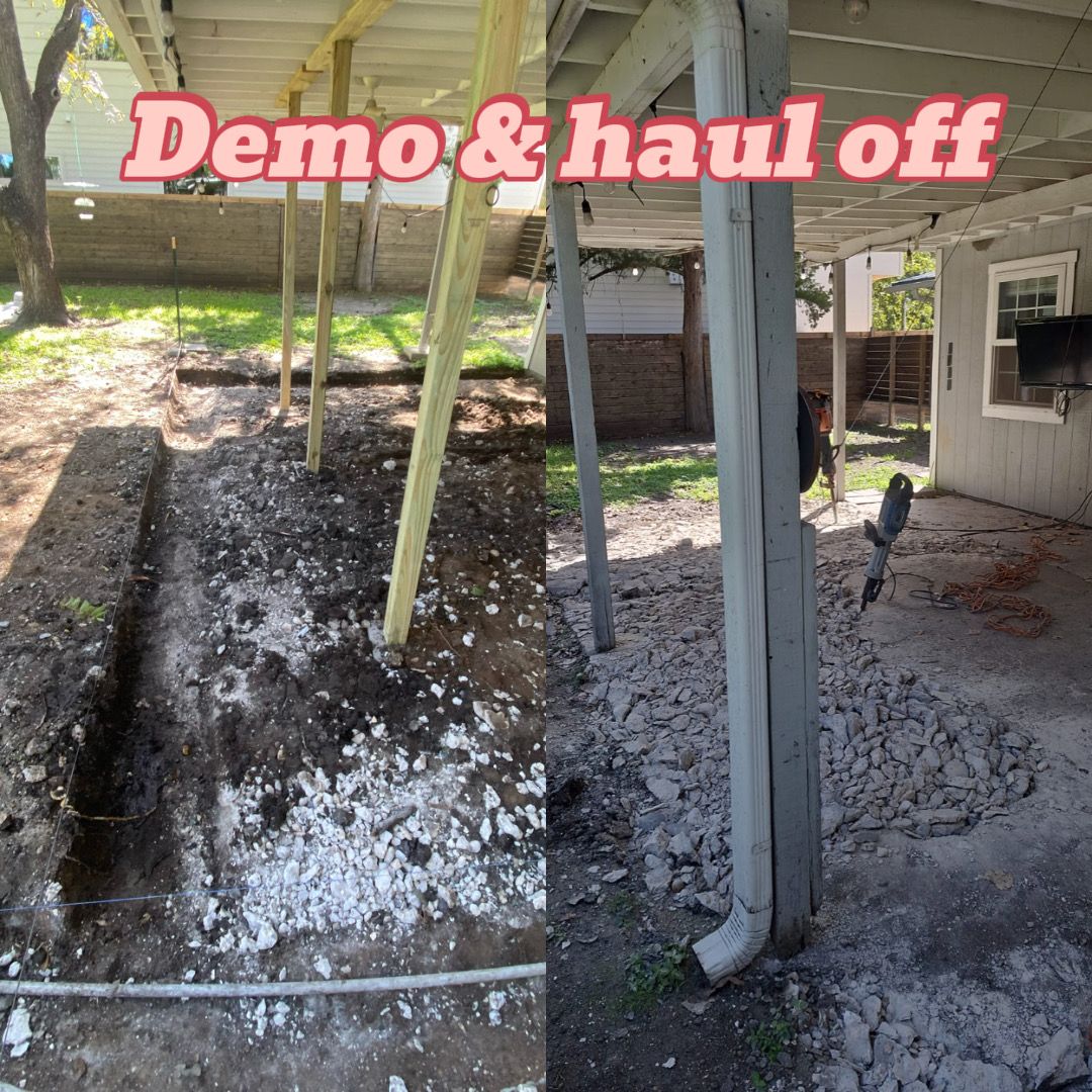 Split image showing concrete patio demolition and removal under a wooden deck in a backyard.