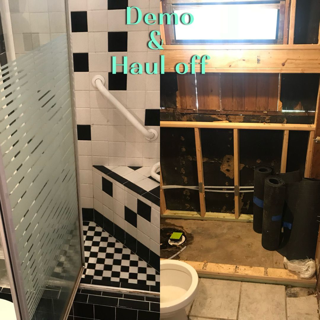 Split screen showing a bathroom before and after demolition, with exposed wall studs and removed fixtures.